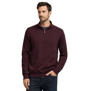 Men’s Merino Wool Cashmere Burgundy Classic Quarter Zip Pullover Sweater Large‎